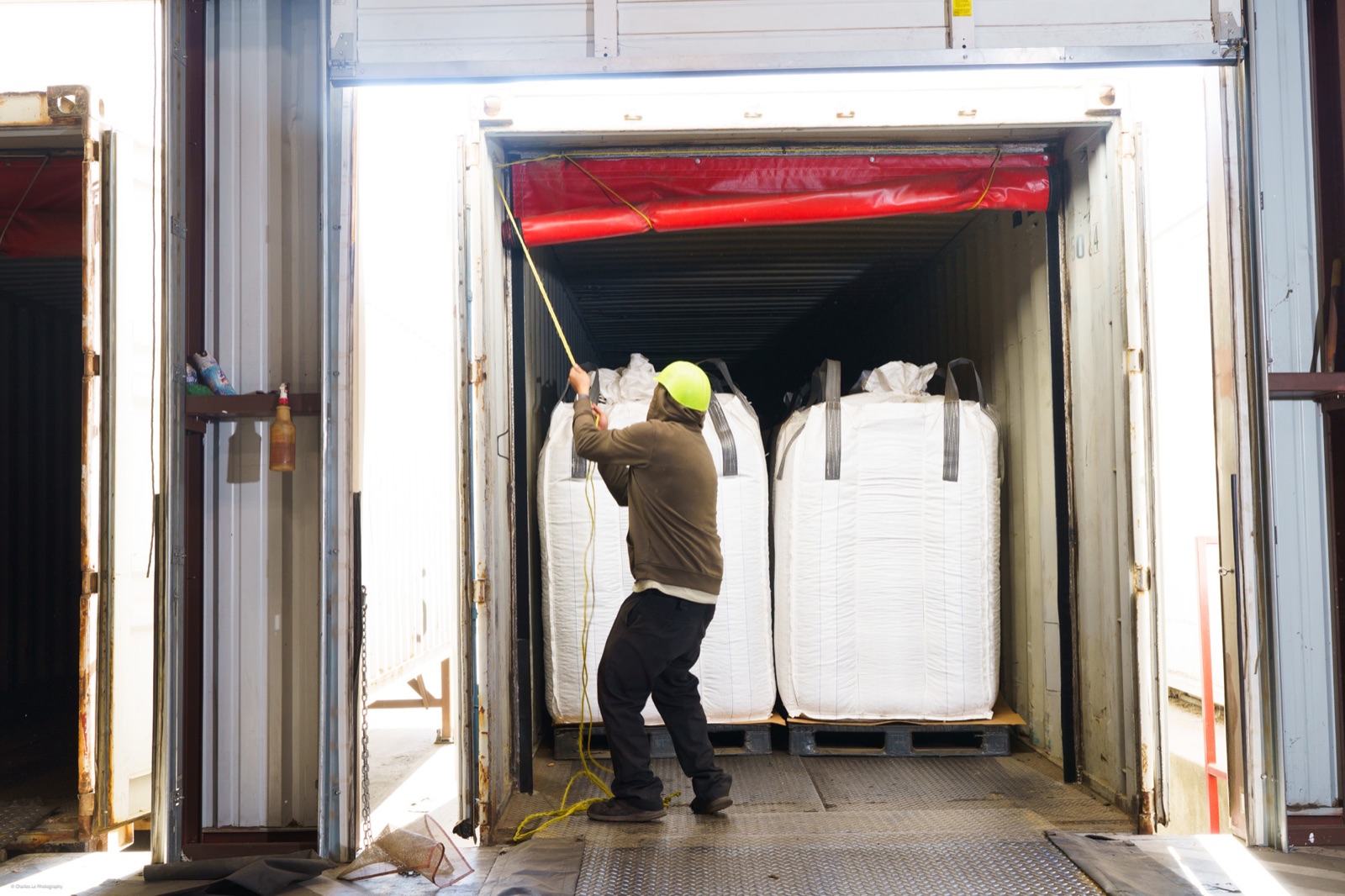 Forklift moving a packaged almond lot inside the Golden Valley plant